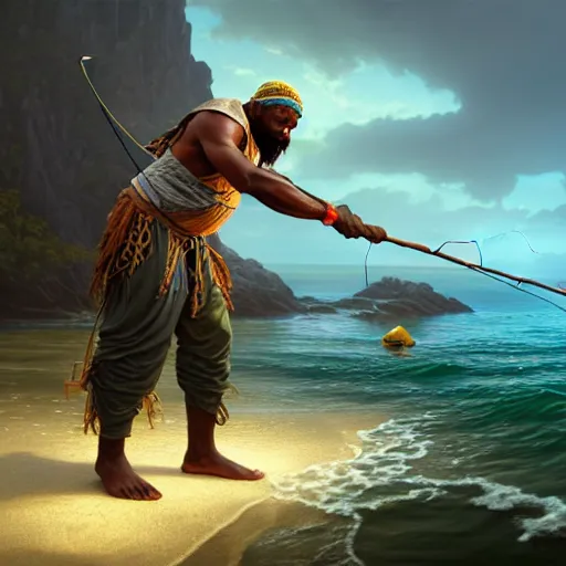 Image similar to fisherman, male, Jamaican, wide angle, parting the sea, magical fishing rod weapon, D&D, fantasy, intricate, elegant, highly detailed, digital painting, artstation, octane render, concept art, matte, sharp focus, illustration, hearthstone, art by Artgerm and Greg Rutkowski and Alphonse Mucha