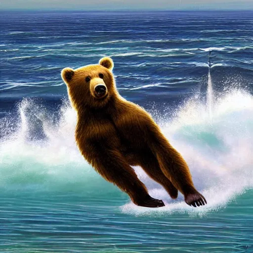 Image similar to hyperrealist bear surfing