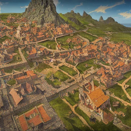 Prompt: a detailed painting of a topdown battlemap from 9 0 degrees angle of a medieval town, special areas marked with transparent red circles, dnd encounter, night, dark fantasy, extremely detailed, no people, photorealistic, octane render, 8 k, unreal engine 5. art by artgerm and greg rutkowski and alphonse mucha