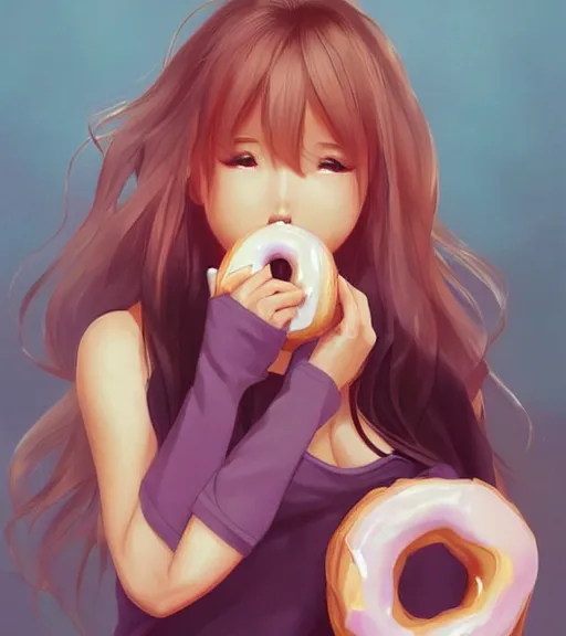 Image similar to ! dream aoi asahina, a tan skinned athletic japanese girl, eats a donut happily, art by stanley lau, artgerm, rossdraws, ross tran, sakimichan, cyarine, beautiful art