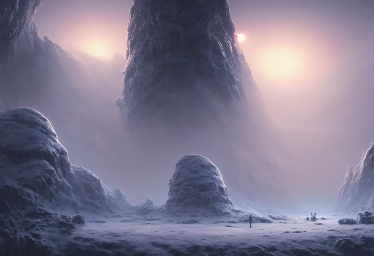 Image similar to surface of frozen winter alien planet at sunset, ultra high definition, ultra detailed, symmetry, fog, matte painting, by greg rutkowski and ross tran and wlop