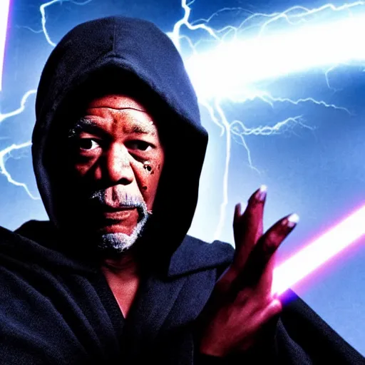 Prompt: Morgan Freeman as a sith lord wearing a hooded black robe with glowing red eyes and casting lightning from his hands