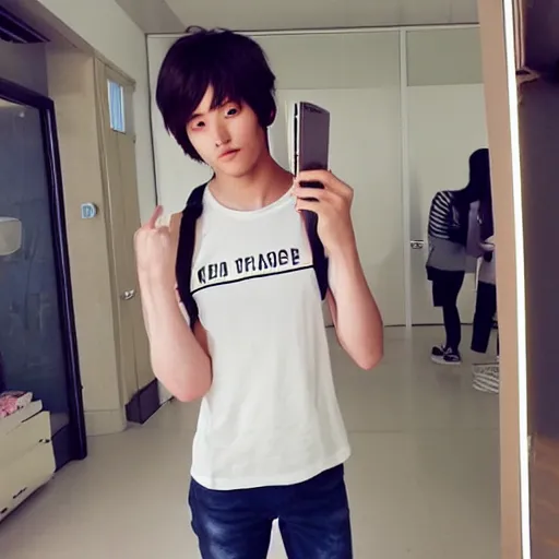 Image similar to cute beautiful korean university student, 2 0 2 2, wearing tank top, ulzzang, mirror selfie, pinterest, trending on instagram, unreal engine, aesthetic