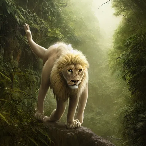 Image similar to commission portrait of a male anthro albino lion,wearing cargo pants and a boack t-shirt,going through a jungle cautiously.dramatic,character design by charles bowater,greg rutkowski,ross tran,hyperdetailed,hyperrealistic,4k,deviantart,artstation,professional photography,concept art