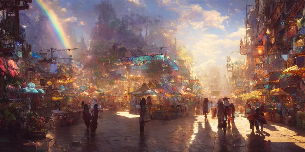 Prompt: screenshot of a joyous marketplace in a makeshift city in the clouds, iridescent dappled light, rainbows, hustle and bustle, fps, thomas kinkade, by craig mullins, james gurney, greg rutkowski, sparth, mucha, cinematography, cinematic masterpiece