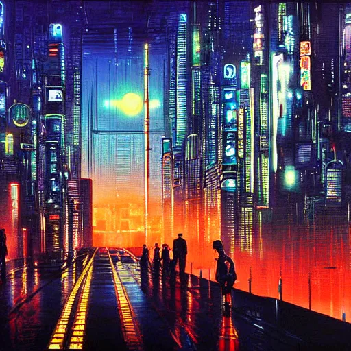 Prompt: Stunning painting of cyberpunk landscape of Chiba City at night from Neuromancer by the genius renowned cyberpunk painter William Gibson