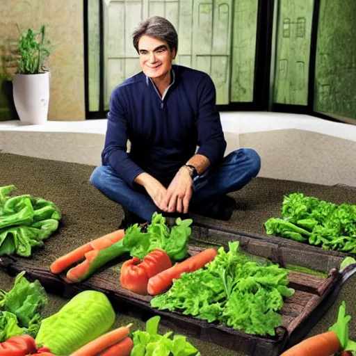 Prompt: dr mehmet oz as frankenstein, farming vegetables