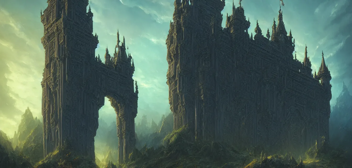 Prompt: an imposing and highly ornamented fantasy gate to castle, carved from sapphire stone, cinematic view, epic sky, detailed, concept art, low angle, high detail, warm lighting, volumetric, godrays, vivid, beautiful, trending on artstation, by jordan grimmer, huge scene, grass, art greg rutkowski