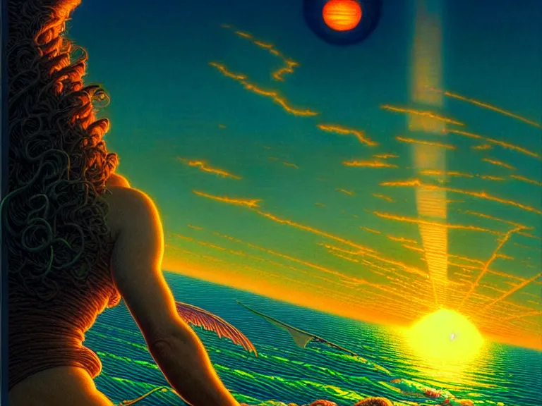 Prompt: the sun rising just above the horizon over the sea by josan gonzalez and tim hildebrandt and donato giancola and ted withers and gil elvgren and peter driben and greg rutkowski and roberto ferri, green water, synthwave, retrowave, highly detailed, high contrast, intricate details, blended palette, trending on art station, stunning visuals, creative, cinematic