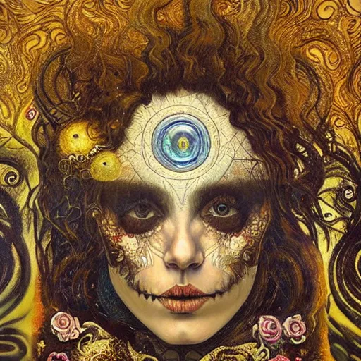 Image similar to Memento Mori by Karol Bak, Jean Deville, Gustav Klimt, and Vincent Van Gogh, beautiful visionary mystical portrait, otherworldly, fractal structures, ornate gilded medieval icon, third eye, spirals, sugar skull