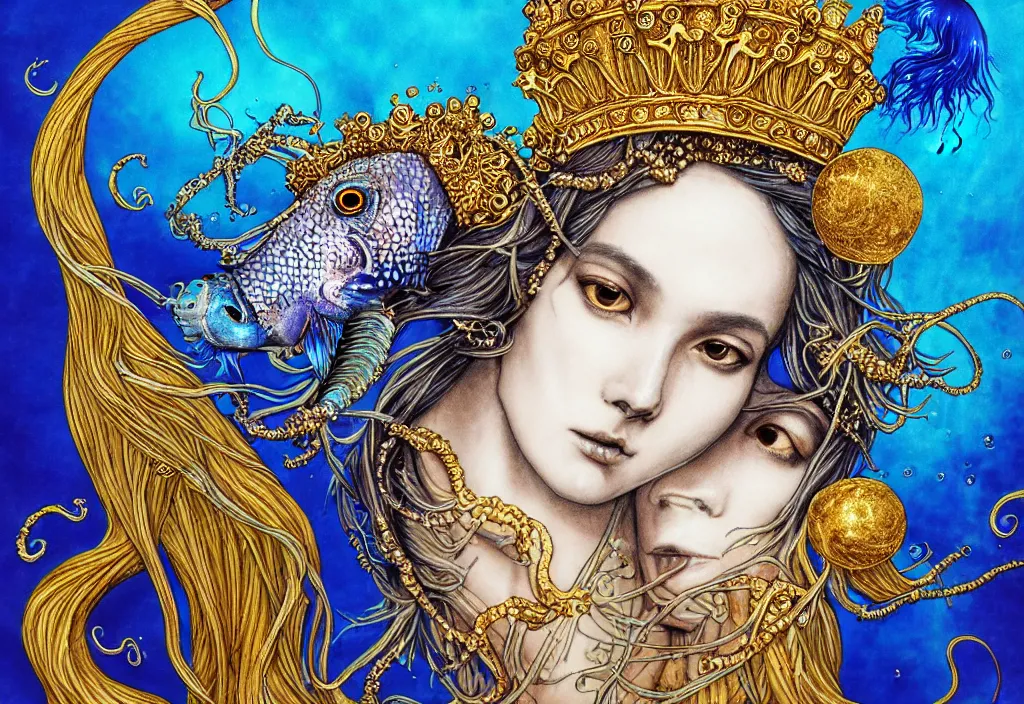 Image similar to isis goddess macro close - up portrait with extremely detailed crown made of ram skull dripping gold + betta fish + jellyfish, in the style of james jean, bioluminiscent, plasma, wind, creature