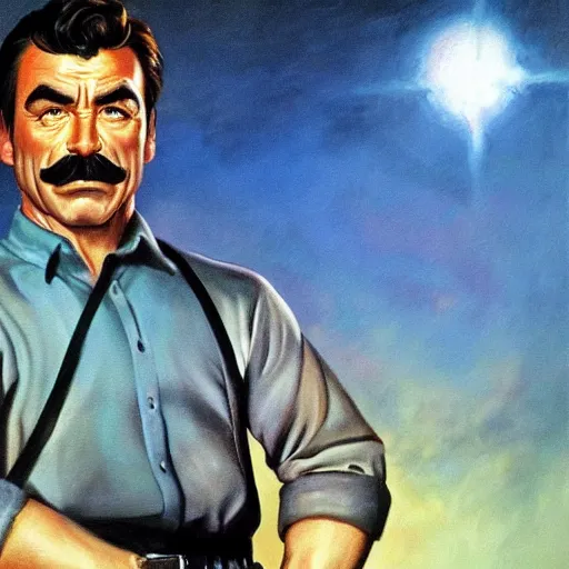 Image similar to ultra realistic portrait painting of tom selleck as vault boy, art by frank frazetta, 4 k, ultra realistic, highly detailed, epic lighting