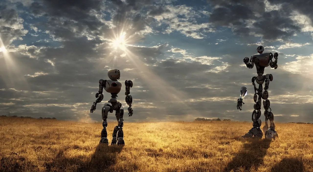 Image similar to a robot in a movie, cinematic shot, sun beams