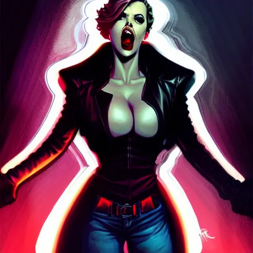 Image similar to rafael albuquerque comic art, peter mohrbacher, steve niles, artgerm, pretty scarlett johansson vampire sharp vampire teeth open mouth, symmetrical eyes, black leather jacket, jeans, long blonde hair