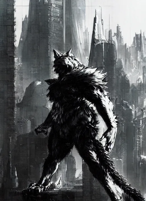 Image similar to Giant wolf towering over a city. In style of Yoji Shinkawa and Hyung-tae Kim, trending on ArtStation, dark fantasy, great composition, concept art, highly detailed, dynamic pose.