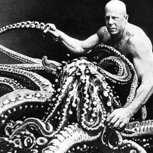 Image similar to old black and white photo, 1 9 1 3, depicting bruce willis in combat armor fighting giant octopus, historical record, tentacles around