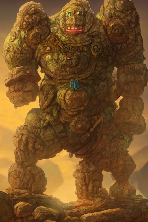 Image similar to zelda fantasy art giant golem troll wood rock greeble gemstone, global illumination ray tracing hdr fanart arstation by sung choi and eric pfeiffer and gabriel garza and casper konefal