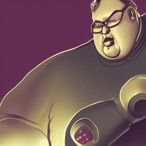Prompt: a morbidly obese man with cybernetic appednages smoking a cigar, and pointing angrily at the screen, futuristic, comic book, sci-fi, artstation, 8k, ultradetailed