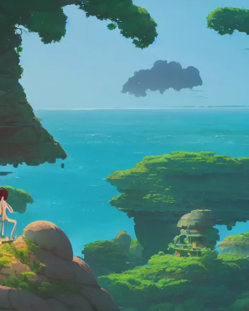 Prompt: an archipelago with strange rock formations, lush vegetation, turquoise water, cory loftis, james gilleard, atey ghailan, makoto shinkai, goro fujita, studio ghibli, rim light, exquisite lighting, clear focus, very coherent, plain background, soft painting