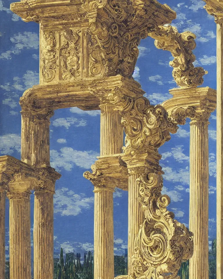 Prompt: achingly beautiful painting of intricate ancient roman corinthian capital on brilliant sapphire background by rene magritte, monet, and turner. giovanni battista piranesi.