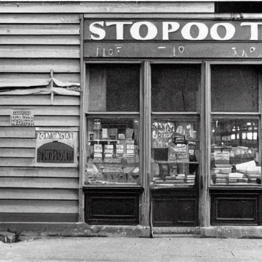 Prompt: great depression shops, photography, colorized