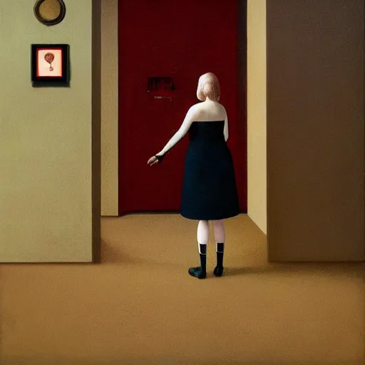 Prompt: a naive woman talks to a phantasmagoric robot, red room from twin peaks, oil on canvas anime poster by Stina Persson and Aron Wiesenfeld