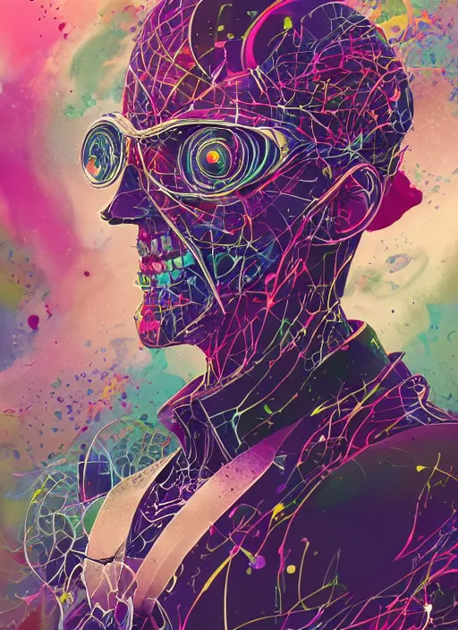 Prompt: arrogant elegant man travels through time via biomechanical portals, pixiv fanbox, dramatic lighting, maximalist pastel color palette, splatter paint, pixar and disney exploded - view drawing, graphic novel by fiona staples and dustin nguyen, peter elson, alan bean, wangechi mutu, clean cel shaded vector art, trending on artstation