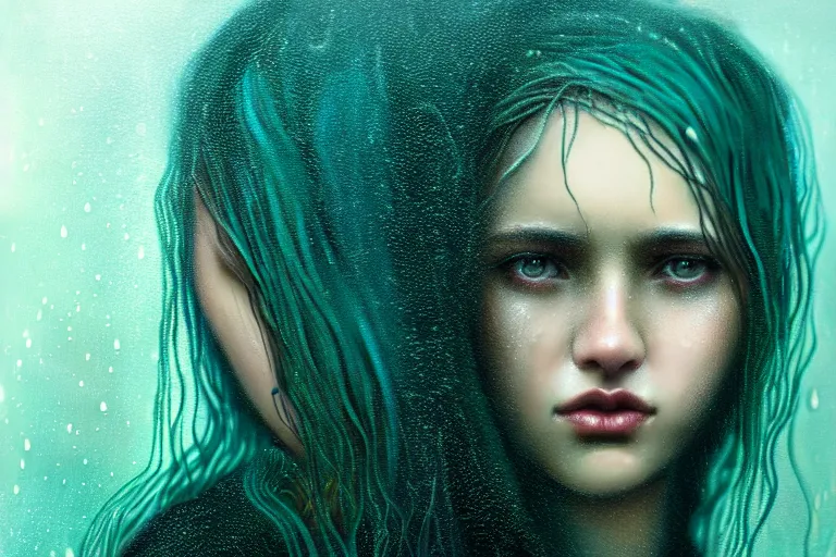 Image similar to girl finding freedom in rain with wet hair and face, teal, fantasy, intricate, elegant, dramatic lighting, emotionally evoking symbolic metaphor, highly detailed, lifelike, photorealistic, digital painting, artstation, concept art, smooth, sharp focus, illustration, art by John Collier and Albert Aublet and Krenz Cushart and Artem Demura and Alphonse Mucha