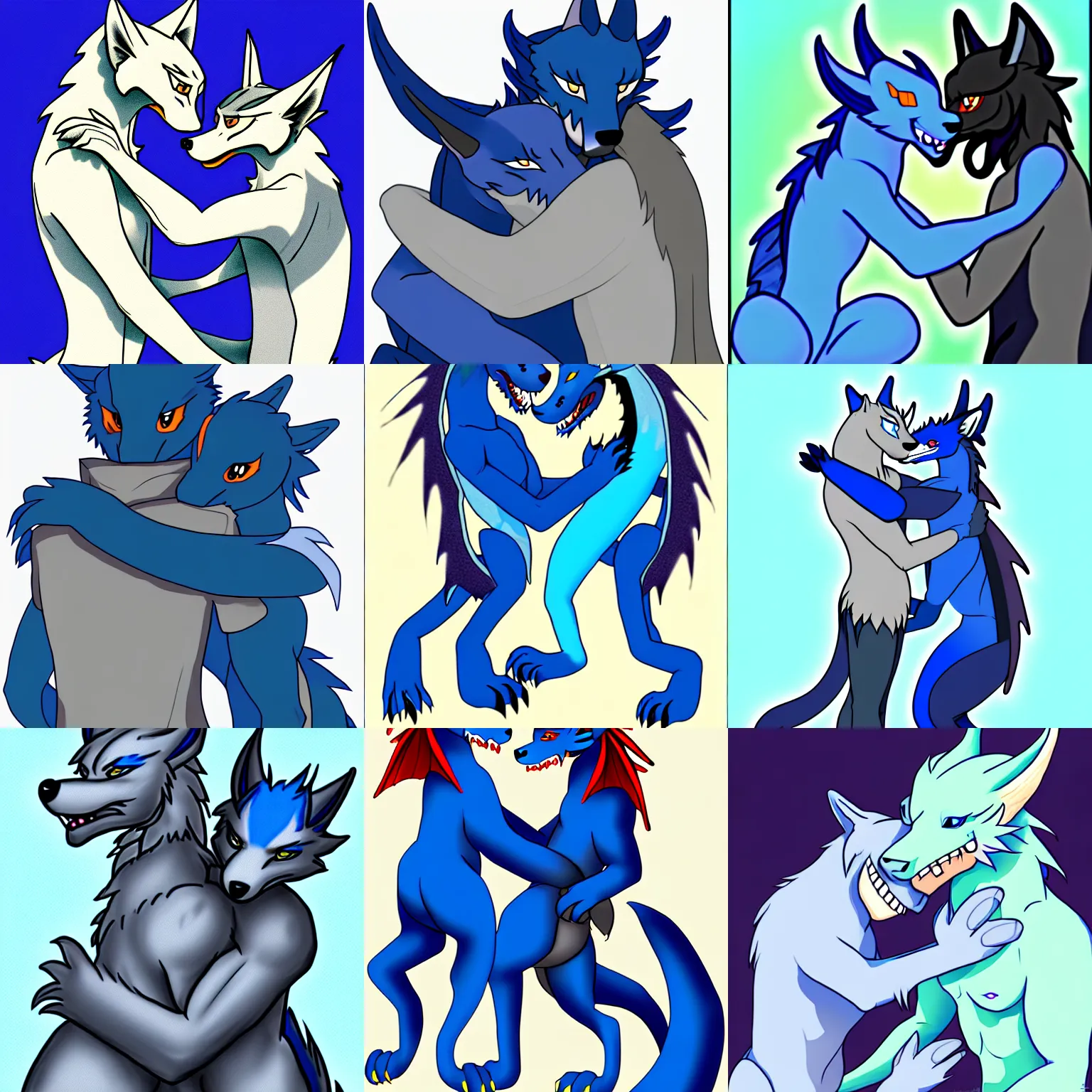 Prompt: an anthropomorphic male blue dragon hugging his anthropomorphic wolf husband, furry, trending on furaffinity, cute