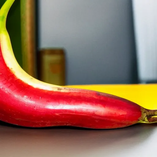 Prompt: photographic, hyperrealistic image, of a red banana, on top of a yellow book, on top of a dining table, detailed, HD, cinematic