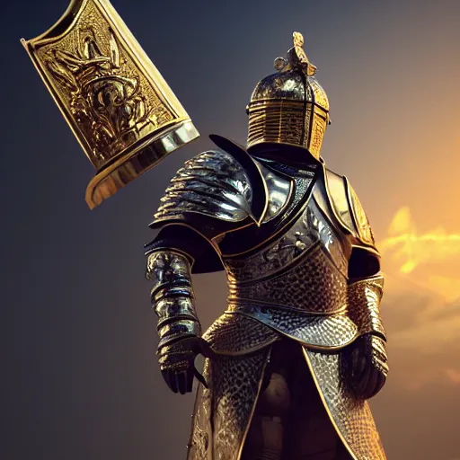 Prompt: a highly detailed knight in a T golden helmet and a golden crown with a blue diamond in the center, golden armor, leather clothes under the armor, leather gloves, holds a black sword, artstation, DeviantArt, professional, octane render, sunset lighting