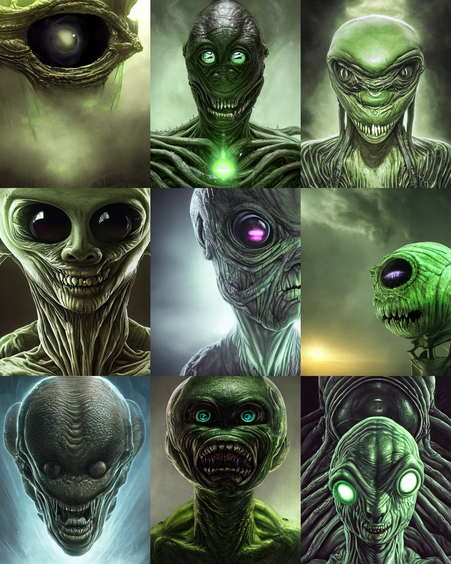 Prompt: grotesque alien with long forehead. green semitransparant cloudy glowing faceted eyes. high quality photorealistic 4 k, hyperrealism, volumetric fog, serious, dark, fear, concept art of h. r. giger, symmetric, horror, gigantic kaiju looking down worms - eye - view