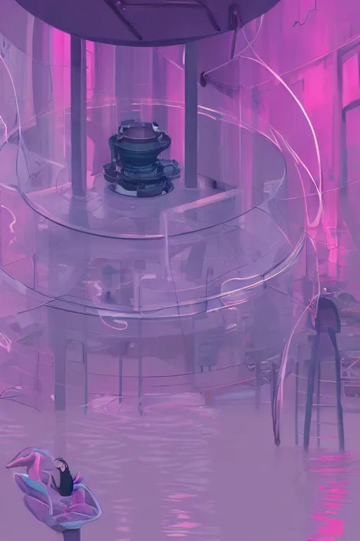 Image similar to Enclosed Chamber being Flooded with Pink Vapor, Machinery, digital art, trending on artstation, celshaded, cute, professional illustration, fantasy, magic