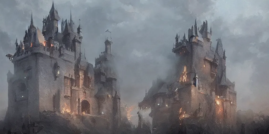 Prompt: A castle made out of white stone burning from the inside, rising smoke, dark fantasy, nighttime, hyper realistic, by greg rutkowski, trending on artstation