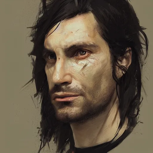 Prompt: Portrait of a man by Greg Rutkowski, he is about 30 years old, messy long black hair, tired appearance, roman nose, wearing black t-shirt, highly detailed portrait, digital painting, artstation, concept art, smooth, sharp foccus ilustration, Artstation HQ.