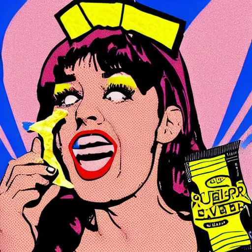 Prompt: pop art picture of fallon sherrock eating a bag of quavers