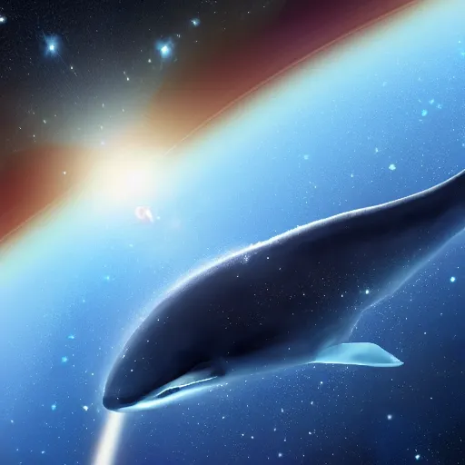 Image similar to a blue whale swimming in space among the stars and planets