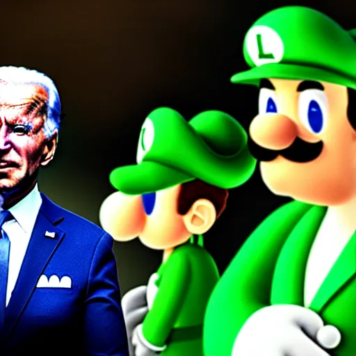 Image similar to uhd candid photo of hyperdetailed joe biden dressed as luigi. correct face, cinematic lighting, photo by annie leibowitz, and steve mccurry.