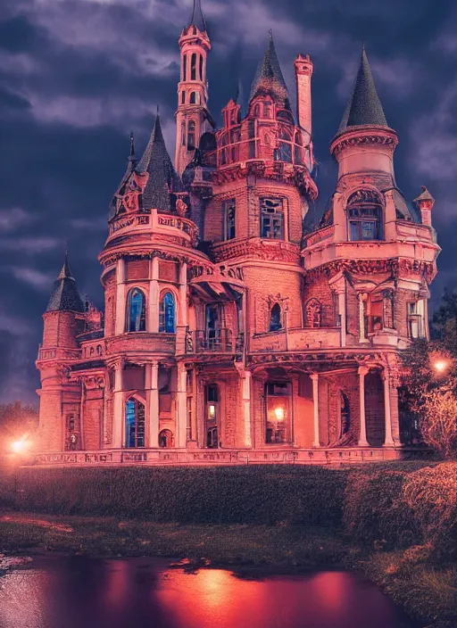 Prompt: victorian era castle on a dark cloudy night crowded by village of people with ominous red lightning 4 k ray tracing 3 0 mm