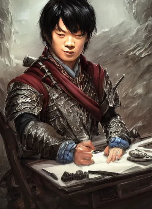 Image similar to asian with medium black hair man sitting at his desk look down at me, low angle, camera low, dndbeyond, bright, colourful, realistic, dnd character portrait, full body, pathfinder, pinterest, art by ralph horsley, dnd, rpg, lotr game design fanart by concept art, behance hd, artstation, deviantart, hdr render in unreal engine 5