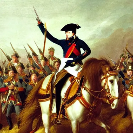 Image similar to napoleon standing on top of a cliff with an army marching next to him.