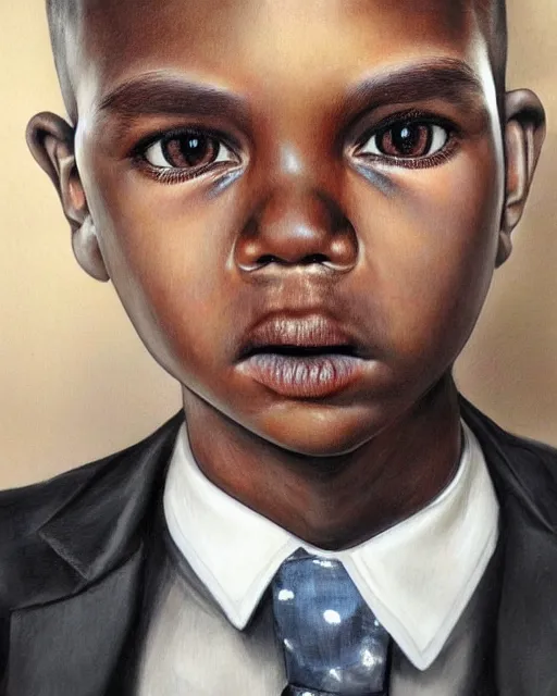 Image similar to portrait of a 7 year old child gang leader, gritty, looking serious, wearing a suit and a tie, very detailed eyes, hyperrealistic, beautiful, very detailed painting by Glenn Fabry, by Joao Ruas, by Artgerm