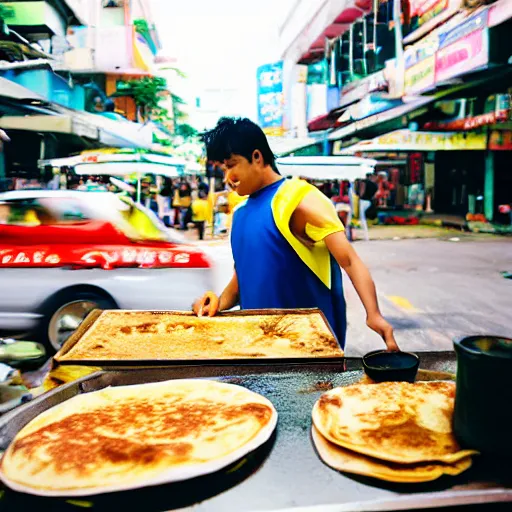 Prompt: a photograph of pikachu, with a towel over his neck, flipping roti prata at a hawker stall in singapore, nikkor 3 5 mm f / 4. 5, press photography