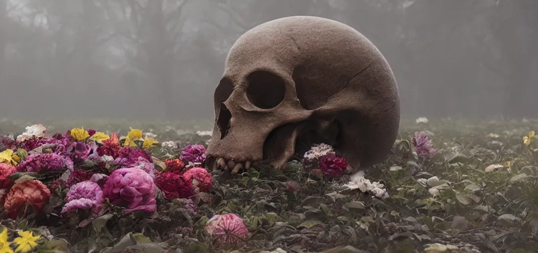 Prompt: an octopus in the shape of a skull surrounded by flowers at noon during winter, foggy, cinematic shot, photo still from movie by denis villeneuve, wayne barlowe