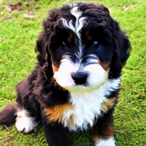 Prompt: Bernedoodle puppy with huge eyes