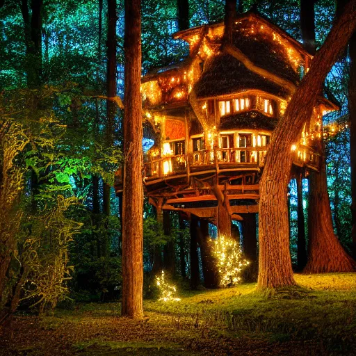 Prompt: a professional photograph of a treehouse in a forest covered in fairy lights, HD, high quality, highly detailed, award-winning