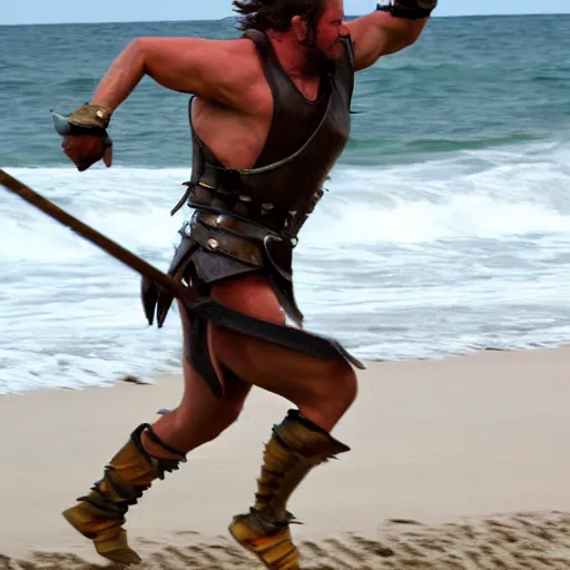 Image similar to spartan warrior sprinting on beach, epic action shot
