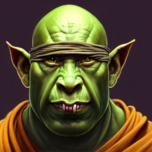 Image similar to “portrait of an orc (green skin) monk wearing robes and a large cloth blindfold covering his eyes, D&D character, highly detailed, digital fantasy character painted portrait, artstation, concept art, sharp focus, illustration, art by artgerm and greg rutkowski and alphonse mucha and craig mullins and James Jean and Andrei Riabovitchev and Marc Simonetti and peter mohrbacher”