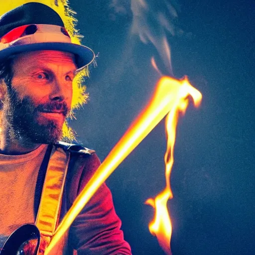 Image similar to a photo of jovanotti ( burn a forest with flamethrower )