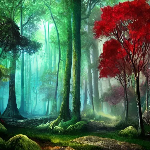 Image similar to fantasy forest, lush, epic fantasy, dark cyan accents, dark red accents